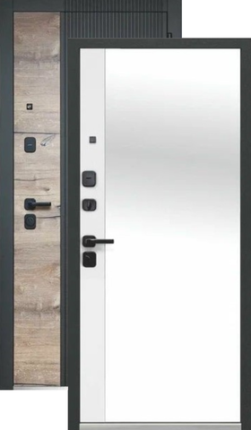 Теплая дверь входная Феррони Люксор 2 мдф Дуб Вертикаль Зеркало, 2 замка, 1,4 мм металл, (черный сатин/канадский дуб пацифик+белый эмалит)