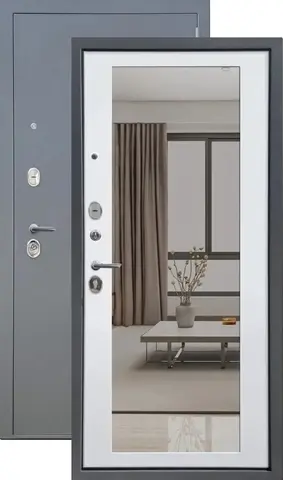 Теплая дверь входная FLY DOORS Аркан зеркало, 2 замка, 1,2 мм металл, (графит букле+велюто бианко)