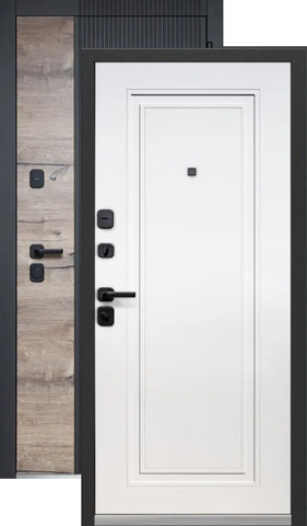 Теплая дверь входная Феррони Люксор 2 мдф Дуб Вертикаль Нео, 2 замка, 1,4 мм металл, (черный сатин/канадский дуб пацифик+белый эмалит)