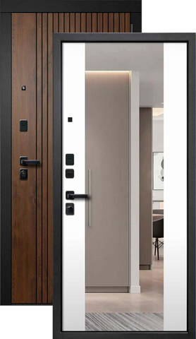 Теплая дверь входная FLY DOORS Форест зеркало, 2 замка, 1,2 мм металл, (медовый дуб+велюто бианко)