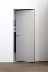 Дверь межкомнатная скрытая Двери регионов Инвизибл Реверс (обратное открывание, кромка алюминиевая хром с 3х сторон, с врезкой под замок Вантаж MC 96/MC85 и скрытые петли AGB 2.0), цвет белый, под покраску, глухая