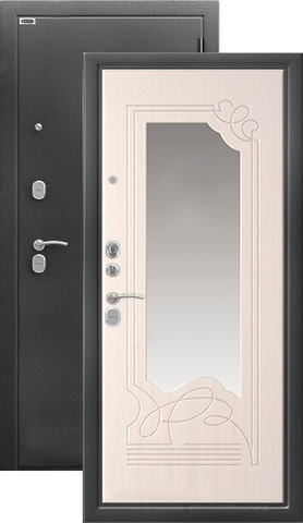 Теплая дверь входная Берлога Тринити Ольга зеркало, 2 замка, 1,7 мм металл, (серебро антик+светлый ларче)